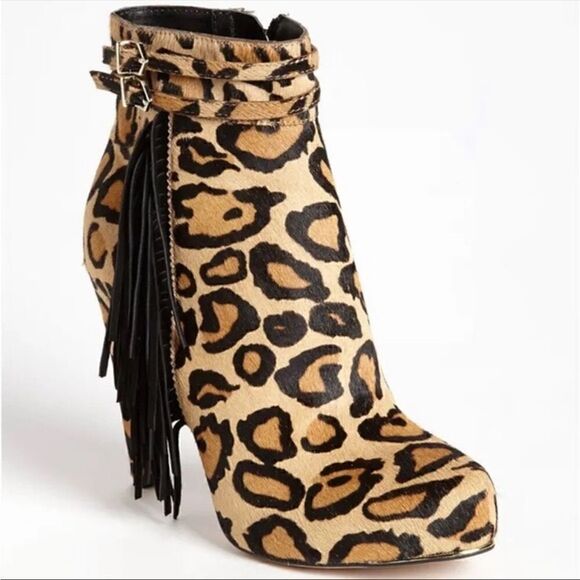 Sam Edelman | Keegan Leopard Animal Print Black Tan Calf Hair Fringe Ankle Boots - Picture 2 of 10